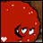 Red cartoon character with white eyes and black pupils, small white dots on head, pink heart-shaped icon in bottom-left corner, brown background.