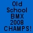 Blue background with pixelated text reading 'Old School BMX 2008 CHAMPS!' in three , each showing a different dark blue highlight on the text
