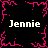 Black background with pink pixelated border and central starburst, four instances of 'Jennie' text in white serif font at corners.