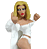Pixelated image of a woman with long blonde hair wearing white clothing, red lips, and dark sunglasses, making a gesture with both hands raised near her face.
