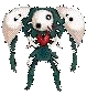 Pixelated character with dark green body, white skeletal limbs, red heart chest symbol, and large white bunny ears on gray background.