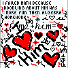 A contact sheet of five animated frames showing a doodle-style math homework page with hearts and text about failing math for drawing about someone named "him".