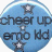 Circular blue icon with gradient background, two star symbols, and pixelated text reading "cheer up" above "emo kid".