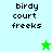 Pixelated text 'birdy court freeks' appears on two green backgrounds with a star icon changing from green to white.