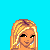 Pixelated image of a blonde woman in black bikini with pink accents, partial text blocks on blue background.