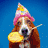 A dog wearing a party hat holds a yellow balloon against a blue background.