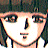 Pixelated face with large eyes, dark hair, and a neutral expression against a blurred background.