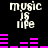 Black background with white pixelated text 'music is life' and pink audio equalizer bars that change height across frames.