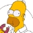 Pixelated yellow-skinned character with large white eyes, brown nose, and open mouth holding a pink and brown donut-like object.
