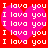 Red background with repeated pink heart shapes and white pixelated text reading "I lavo you" in a pattern