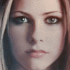 A vertical strip of a woman's face appears on the left, while blue star shapes animate across a black background with white text 'AVRIL' forming letter by letter.