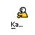 Pixelated character in yellow shirt holds white sphere, with text below changing from 'Ka...' to 'Me...' to 'Ha...' and blue particle effects appearing.