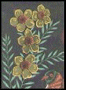 Four distinct floral designs on dark backgrounds with green leaves and colored flowers in yellow, orange, white, and gray tones.