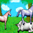 Animated sequence of cartoon horses and sheep on a grassy field with blue sky, showing one horse rearing up while text reads "WEEEE!!!" in the top-right corner.