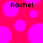 Pixelated pink background with scattered magenta circles and two instances of the text 'Rachel' in black pixel font.