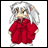 Pixelated anime character with silver hair and red robe in two poses: standing upright and leaning forward with a sword.