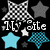 Pixelated icon with four distinct sections showing stars, text overlays, and abstract shapes in black, blue, pink, and gray tones.