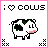 Pixel art contact sheet showing two animated frames of a cow icon with text :I ❤️ COWS above the cow, where the heart changes color between frames.