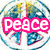 Two circular icons with blue and yellow gradient backgrounds, each containing a peace symbol, with pink text reading "peace" and "out!!" respectively.