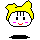 Pixelated cartoon character with yellow hair, black eyes, pink cheeks, and red mouth on gray background.