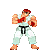 Pixel art of a martial artist in white karate uniform with black belt, red headband, and red gloves in four distinct poses.