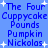 Blue background with blue text reading "The Four Cuppycake Pounds Pumpkin Nickolas" and white star-like sparkles scattered throughout.