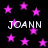 Black background with scattered pink stars and repeated white text 'JOANN' in pixelated font.