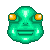 Pixel art icon of a green, rounded creature with yellow eyes and white highlights on its cheeks and forehead.