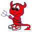 Red devil character with horns, tail, and pitchfork in four distinct facial expressions across a