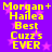 Yellow pixelated text on purple background with pink stars, reading 'Morgan + Hailea Best Cuzz's EVER' in two identical vertical