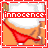A pixelated animated contact sheet showing two frames of a buddy icon with red text reading 'innocence' over an orange figure wearing red bikini bottoms, framed by a red and white border.