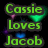 Green text reads 'Cassie Loves Jacob' above red date '04.04.08', with pink, green, and blue hearts scattered on black background.