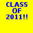 Four quadrants display 'CLASS OF 2011!!' text in blue pixelated font on yellow, green, cyan, and light green backgrounds.