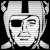 Pixelated grayscale icon of a stylized face with one eye missing, wearing a helmet-like headpiece and long hair or braids.