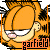 Four pixelated orange cat faces with white eyes and pink noses, each displaying the text 'garfield' in varying styles.