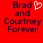 Red background with dark blue text reading "Brad and Courtney Forever" in two identical side-by-side sections, one featuring a white pixelated heart symbol replacing the 'and'.