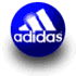 Nine circular blue and purple adidas logos with white stripes and text, arranged in a , some showing soccer ball variations