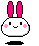 Pixel art bunny with pink ears and cheeks, white face on gray background showing multiple expressions including smiling, open-mouthed, and surprised states.