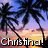 A pixelated sunset scene with palm trees silhouetted against a gradient sky, featuring the text 'Christina!' in white block letters.