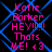 Pixelated pink text on black background with blue diamond lattice pattern, displaying 'Kotie Borker HEY!!!!! Thats WE! <3' in two identical vertical