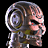 Pixelated static image of a humanoid head with metallic and organic textures, featuring glowing red eyes against a black background.