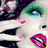 Pixelated close-up of a stylized face with green eyeshadow, pink lips, and scattered pink petals on light skin.