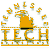 Pixelated orange and green graphic with 'TECH' text, scattered letters above, and a central figure holding a torch-like object.