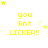 Yellow text 'you lint LICKER!!' on white background with yellow stars, arranged in a with animated star positions