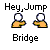 Pixelated character with white head and orange body appears in multiple positions across gray background, with text labels and small icons changing in sequence.