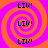 Four identical spiral patterns with alternating orange and purple rings, each containing three instances of the text LIV! in black pixelated font.
