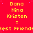 Red background with yellow pixelated text repeating 'Dana Nina Kristen =' and 'Best Friends' in a pattern, with a gray rectangle in the bottom-right corner