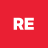 Red square background with large white pixelated letters 'RE' centered, showing slight horizontal pixel misalignment on the 'R' character.