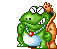 Green crocodile-like character with large white eyes, brown shell, red gem necklace, and blue belly patch, shown in multiple expressions with animated bubbles.