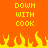 Pixelated orange background with yellow text reading "DOWN WITH COOK" repeated twice, and a of pixelated flames at the bottom